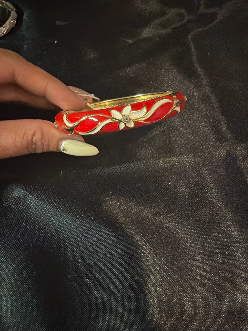 Red Enamel Floral Hinged Bangle Bracelet for Women